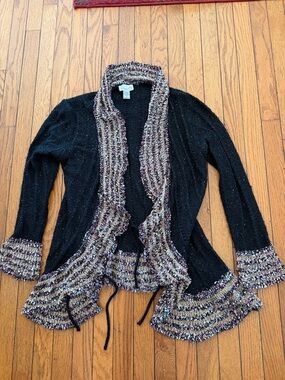 Black Open-Front Sequined Cardigan with Textured Multi-Color purple gold trim